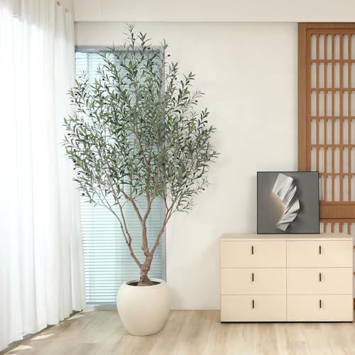 SOGUYI Olive Trees Artificial Indoor, 8 Feet Tall Faux Olive Tree with Round Artisan Planter, Premium Handmade, Realistic Trunk & Lifelike Leaves, Perfect for Large Spaces & Elegant Home/Office Decor