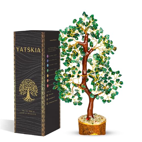 YATSKIA Green Aventurine Gemstone Tree Natural Stone Feng Shui Wire Bonsai Seven Chakra Jewelry Trees of Life Necklace Good Luck Handmade Prosperity Success Stones Gift Home Office Desk Shelves Décor - color: Green Aventurine (Golden Wire)