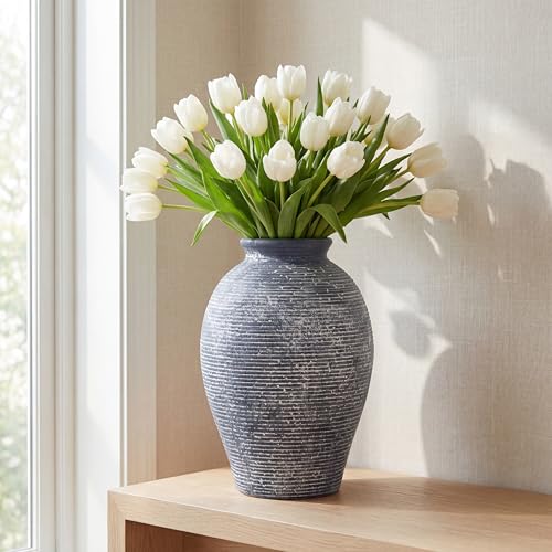 Ceramic Flower Vase for Home Decor, Rustic Farmhouse Vintage Retro Large Vase for Living Room, Kitchen, Bedroom, Decoration for House, Bookshelf, Dining Table, Office, Gift(9.3 inch) - color: Dark Blue-9.3"