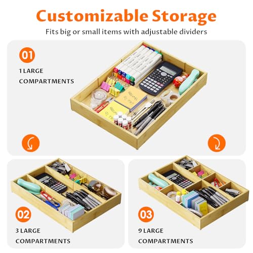 Bamboo Drawer Organizer with 9 Adjustable Compartments, Office Desk Organization Tray for Office Utensils, Supplies, Makeup, Jewelry, and More – Ideal for Desk or Drawer Storage - size: 9 Compartments