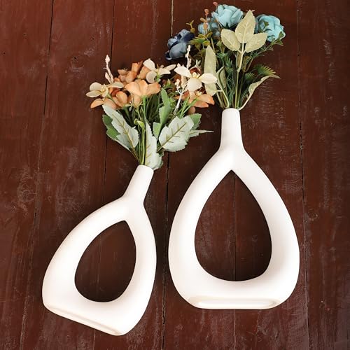Ajuny Oval Vase Set of 2 – White Ceramic Decorative Vases, Farmhouse Style Modern Accent for Wall Decor, Bedroom, Living Room, Coffee Table, Office - style: Oval-Vase