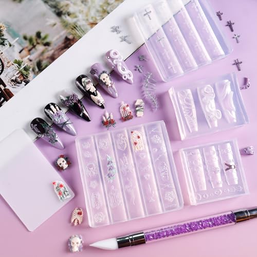 Laza 4pcs Gothic Silicone Nail Art Molds, 3D Rose, Snake, Bones, Cross, Collar, Skull Exquisite Silicone Nail Accessories with Carving Pen Resin Nail Art Mold Manicure Tools for DIY Salon Nail Design - color: Skull rose