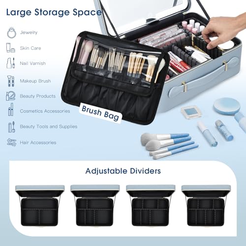 Faquenc Leather Makeup Case with LED Lighted Mirror 11.4 Inch Travel Makeup Bag Adjustable Brightness in 3 Colors Cosmetic Organizer Artist Storage Bag with Dividers Brush Holder Bag Vanity Blue - color: WA-Blue 11.4 Inch, size: 2-Medium