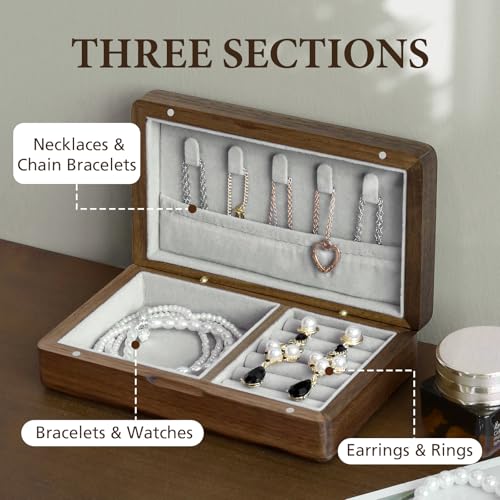 LadyRosian Wooden Small Jewelry Box - Mini Wood Travel Jewelry Case Portable Organizer for Rings, Earrings, Necklaces & Bracelets Storage Women Girls Men,Black Walnut - color: Black Walnut