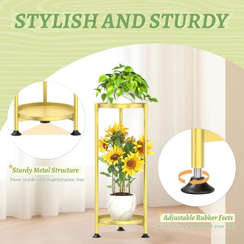 KMOTASUO 2 Tier Plant Stand Indoor for Large Tall Heavy Duty Planter, Multiple Sturdy Metal Flower Corner Rack for Narrow House Floor, Iron Vertical Level Round Orchi Holder Organizer, Gold - color: Gold, size: 2 Tier