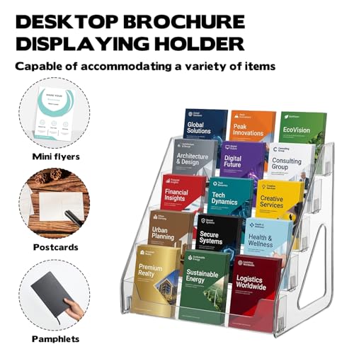 5 Tier Brochure Holder 12x13” Clear Acrylic Literature Display Stand Holds 3 Brochures in One Row Pamphlet Holder Display Stand for Booklets Flyers Table Signs Office Exhibition Store Home, 1 Pack