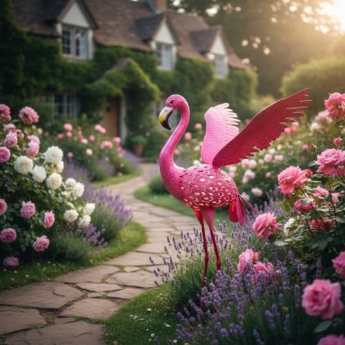 43" Metal Flamingo Garden Sculptures with Solar Light, Pink Flamingo Yard Art - Large Outdoor Lawn Ornaments & Decor for Patio, Backyard, Garden - size: 43Inch