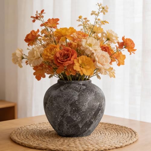Large Rustic Black Stone Vase Home Decor - 8.8 in Ceramic Vintage Farmhouse Vases for Decor, Decorative Terracotta Round Clay vase for Living Room, Table, Shelf, Kichen Décor - style: 04 - Large Rustic Brush Black