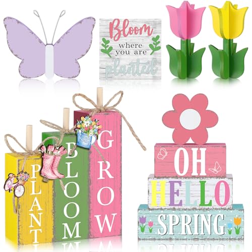 Vercraft 11 Pcs Spring Table Decorations Tulips Tiered Tray Decor Butterflies Home Centerpiece Decorative Wood Books Table Top Decor Flower Wooden Sign for Party Supplies - style: Spring
