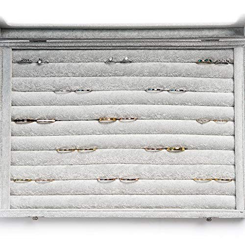 Frebeauty Rings/Earrings Organizer Tray with Clear Lid 10 Slots Velvet Drawer Insert Jewelry Storage box with Glass lid Jewelry Display Case Showcase Gift for Girls Women (Grey, 10 Slots) - color: Grey, size: 10 Slots