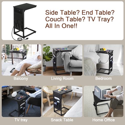 AMHANCIBLE C Shaped End Table with Charging Station, TV Tray Set of 2, Couch Tables with Storage Bag, Slide Under Sofa Side Table with USB Ports and Outlets for Living Room, Black, HET04CBK - color: Black