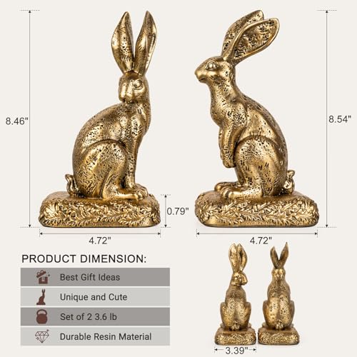 Rabbit Bookends, Decorative Bunny Book Ends for Shelves, Unique Rabbit Figurine Bookends, Heavy Resin Book Holder for Bookshelf Home Office Nursery Decor (Gold) - color: Gold