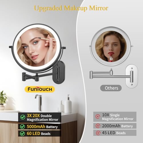 FUNTOUCH 20X/3X Rechargeable Wall Mounted Makeup Vanity Mirror with Lights, Double Sided Magnifying Wall Mount Mirror,3 Color Lighting, Touch Screen Dimming,Extension Arm 360 Rotation Wall Mirrors - color: Metal Black