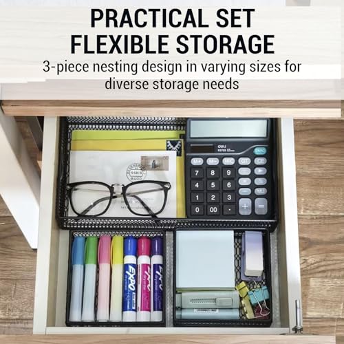 MyGift Modern Geometric Diamond Pattern Black Metal Wire Tabletop Organizer Trays, Office Desk Supplies Nesting Bins, Makeup Accessories Drawer Storage, 3 Piece Set - color: Black