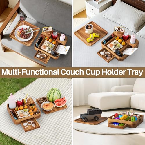 Couch Cup Holder, Couch Tray Cup Holder Sofa Tray, Acacia Wood Large Capacity 2-Tier Wooden Trays with Drawer for Sofa, Bed, Picnic, Drinks, Snacks, Remote, Cell Phone 12.5 * 12.5 in - color: Acacia Wood