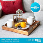 BIRDROCK HOME Wooden Serving Tray with Handles - Farmhouse Decor - Square Top Breakfast Trays - Tea Cheese Board - Coffee Table - Natural Acacia Wood - Kitchen - Bar