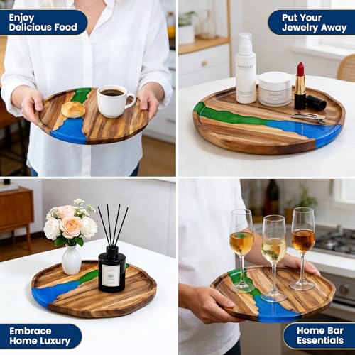 Handmade Wood Serving Tray with Resin Design, Decorative Acacia Wood Tray for Snacks, Drinks, Coffee Table, Kitchen, Home Decor & Organization, Wooden Serving Platter for Party