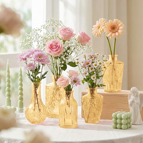 Glass Bud Vases in Bulk Set of 17, Gold Small Mini Vases for Flowers, Vintage Vase for Centepiece,Wedding, Table Decor, Baby Shower, Christmas, Home and Events - color: Gold