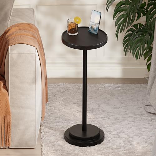 BLUEWEST Drink Table, 24.4" Tall Compact Side Table with Phone Slot and Weighted Base, Durable Pedestal Table Accent for Living Room (Flat, Walnut) (Black, Double Base)