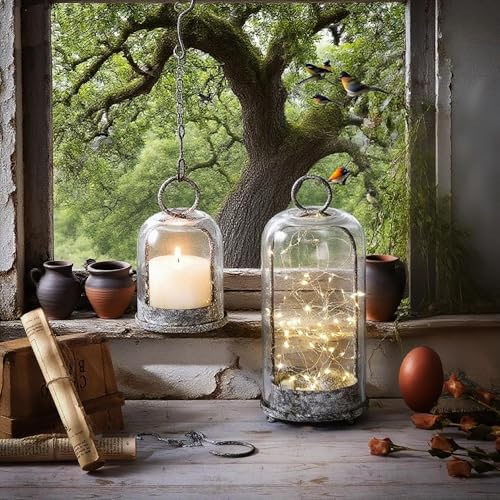 6" & 4" Wide Versatile Modern Metal Hurricane Lantern with Handmade Sturdy Glass Dome in Shabby Black for Pillar Candle & Plants, Industrial, Farmhouse, Shabby Chic (Black Shabby, 4"x7.5" &6.3"x11.2") - color: Black Shabby, size: 4"x7.5" & 6.3"x11.2"