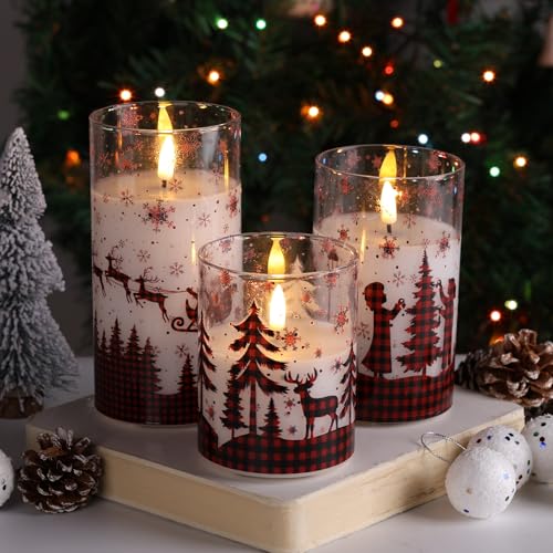 Eywamage Christmas Flameless Pillar Candles with Remote, Red Buffalo Plaid Table Decor, Flickering LED Pillar Candles Set of 3 - color: Red Buffalo Plaid