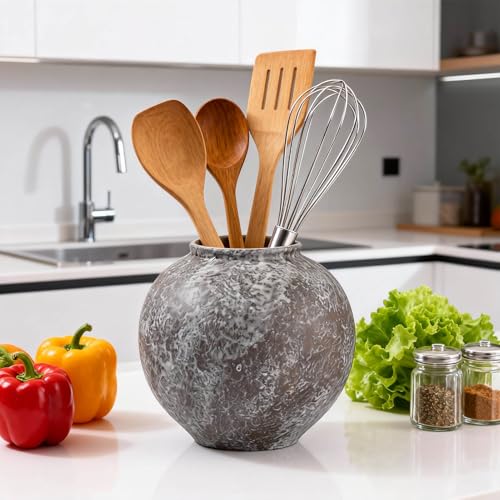 Rustic Black Stone Vase Home Decor - 6 in Ceramic Vintage Farmhouse Vases for Decor, Decorative Terracotta Round Clay vase for Living Room, Table, Shelf, Kichen Décor - style: 04 - Small Rustic Brush Black