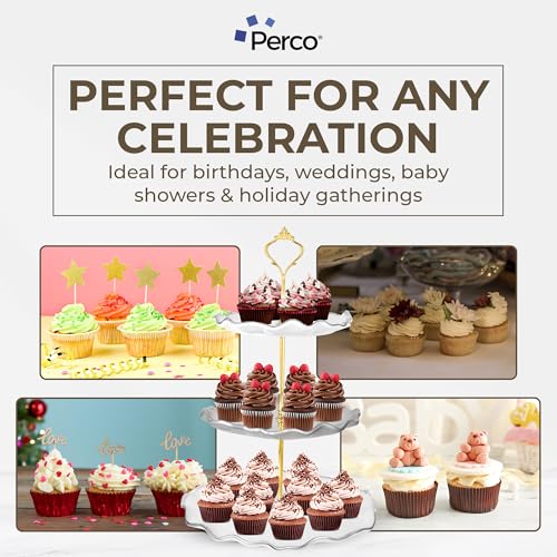Perco 3 Tier Ceramic Cupcake Stand for 20 Cupcakes – Tiered Dessert Stand & Serving Tray, Elegant Gold Accent Dessert Table Display Set for Weddings, Birthdays & Events - color: Ceramic