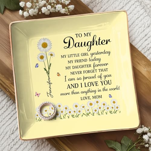 To My Daughter Jewelry Dish, Custom Jewelry Tray for Mothers Day, Daughter Gifts from Mom, Ceramic Ring Dish with Birth Month Flower, 1st Mother's Day Birthday Gifts for Daughters - color: Style 5