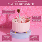 Paris Hilton 360° Rotating Makeup Brush Holder, Fluted Design with 5 Compartments, Glam Organizer for Brushes & Tools, Pink - style: Brush Holder