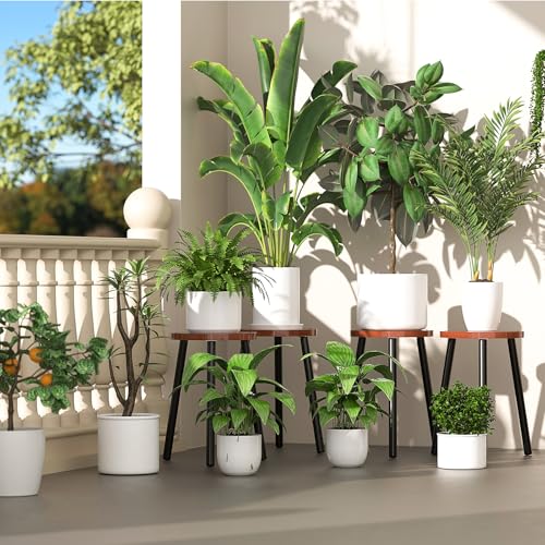 2-Pack Wood Plant Stands Indoor, 16.7" Tall Plant Stand Outdoor Mid-Century Plant Stool, Single Plant Table Modern Small Round Side/End Table for Living Room, Balcony, Office(Brown) - color: Brown Tray with Black Legs-2Pack