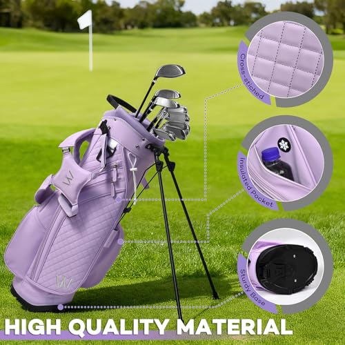 Luxury Womens Golf Bag, PU Leather Golf Stand Bag for Women/Ladies, 14-Way Full-Length Top Dividers, Ultra Lightweight, Large Pockets for Accessories - color: Lavender