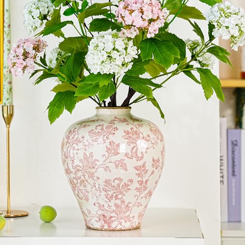 Sungmor Vintage Ceramic Flower Vase - 9.4 Inch Retro Ice Cracked Glaze Chinoiserie Vase, Rustic Farmhouse Home Décor Accent for Dried Flowers, Greenery - Table Centerpieces, Shelf, Mantel Decor - color: Pink