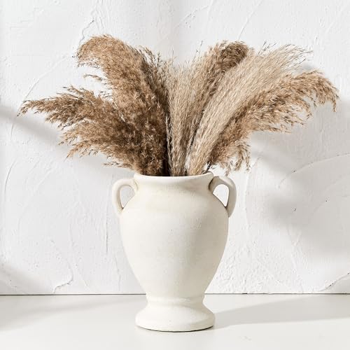 PORCER Ceramic Rustic Flower Vase with Handles, 8.46 Inch Tall Vintage Pottery Home Decor, Farmhouse Terracotta Vase for Living Room, Table, Shelf, Mantel Decoration, Farmhouse- White - color: White- 8.46"