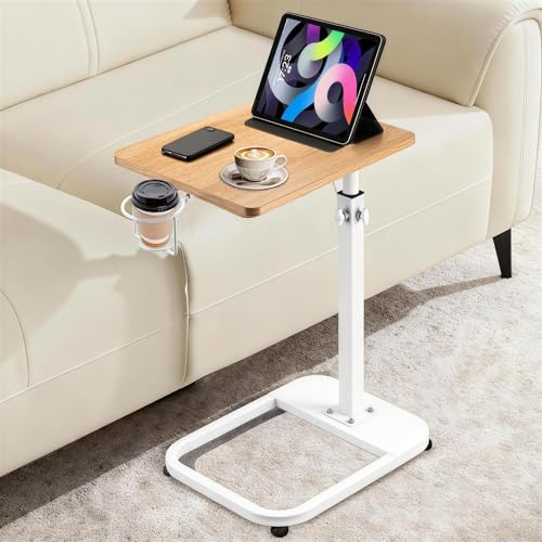 facka Adjustable C-Shaped End Table for Couch & Bed, Adjustable Height TV Tray, Stable Laptop Desk, Space-Saving Snack Side Table with Rounded Metal Corners - color: Natural Maple