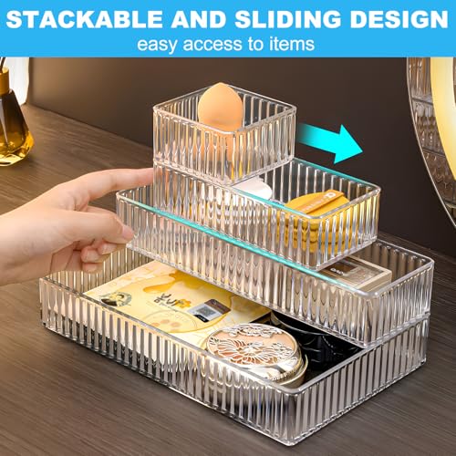 HOTOOLME 7PCS Clear Drawer Organizers Bins, 4 Size Stackable Makeup Drawer Organizer, Desk Plastic Drawer Storage Trays, Bathroom Drawer Storage for Cosmetics, Office Supply, Kitchen Utensils - style: 7 Pack