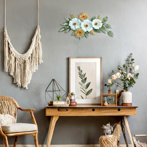 Otoolling 13.7'' Metal Flower Wall Decor, 3D Light Blue & Gold Floral Sculpture with Green Leaves, Hanging Wall Art Accent for Living Room, Bedroom, Bathroom, Home Indoor Outdoor Decoration - style: Classic Style