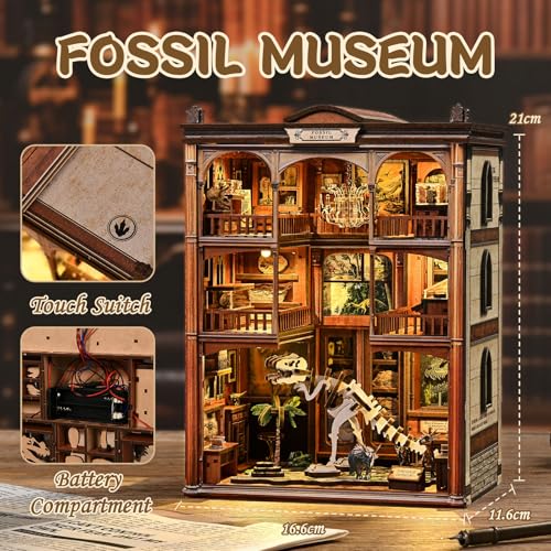Dinosaur Museum Book Nook Kit - 3D Wooden Puzzle & DIY Miniature Dollhouse with LED Warm Light | Vintage Bookshelf Insert & Sturdy Bookends | Premium Creative Gift for Adults& Book Lovers - style: Dinosaur Museum