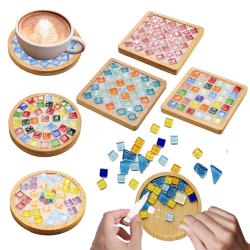 6 Sets DlY Mosaic Tiles for Crafts,Mixed Color Glass Mosaic Kits with Wooden Coaster for Adults,DlY Coasters Kit Mosaic Supplies for Handmade Home Decoration Gift (Round and Square) - style: Style 2