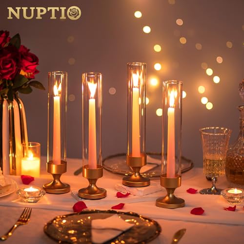 NUPTIO Hurricane Glass Candle Holder: Set of 10 Metal Taper Candle Holders with Sleeves - Gold Candlestick Holders Bulk for Outdoor Party Wedding Table Centerpiece Decoration - size: 10 Pcs