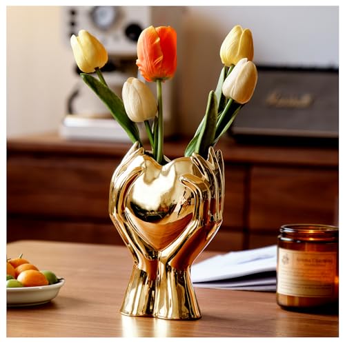 8" Heart Hand Gold Ceramic Vase - Unique Modern Aesthetic Flowers Vase for Living Room Bedroom Office Kitchen Table Centerpiece or Shelf Decor-Gifts for Wedding Bridal Shower Women Mom (Gold) - color: Gold