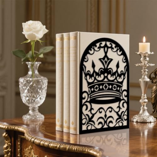 Peacoblue Metal Bookends for Shelves, Modern Decorative Heavy Duty Study Book Ends Stoppers for Office, Desk, Shelf, Room 5.3"x4.3"x7.9" Cast Iron Simple Tall Bookends 1 Pair (Crown) - style: Crown