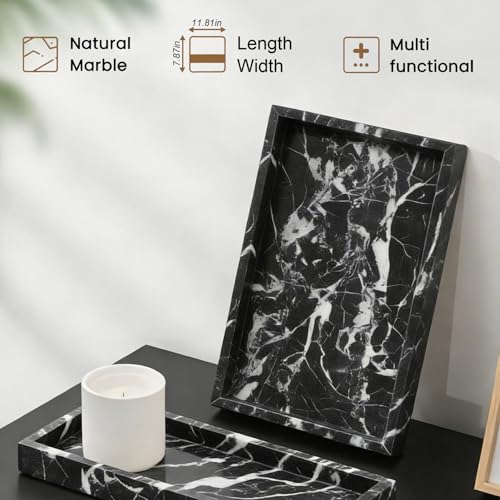 Natural Marble Tray, Stone Tray for Bedroom/Bathroom/Kitchen/Vanity Countertop, Jewelry Tray for Rings Earrings Necklace Bracelet Watch, Room Decor Aesthetic - color: Precious Black, size: 11.8" x 7.9" x 1.2"