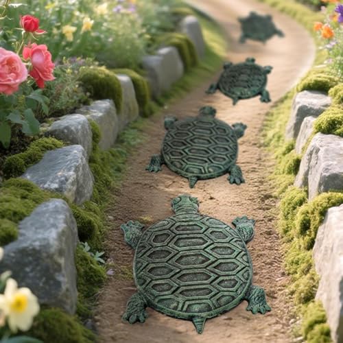 Lawei Cast Iron Turtle Stepping Stone, Sturdy Metal Stepping Mat for Front Door, Garden, Lawn and Yard, Verdigris Tortoise Decorative Stone Path Paver for Outdoor Walkway, 12.5 x9.4 Inch
