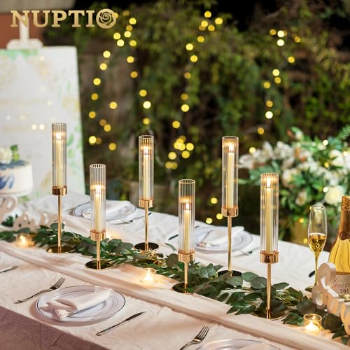 NUPTIO Hurricane Candle Holder for Centerpiece: Set of 6 Tall Candle Stick Holder with Ribbed Glass Cover - Bulk Fluted Taper Candlestick Decor for Living Room Thanksgiving Christmas - color: Ribbed, size: 6pcs