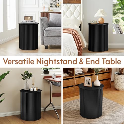 AVZEAR Small Round Side Table Fluted Night Stand Set of 2, 17.7" Mid Century Modern End Table, Circle Bedside Tables Wood Nightstands for Small Spaces, Living Room, Bedroom(Black) - color: Black, size: 17.7"D x 17.7"W x 21.6"H