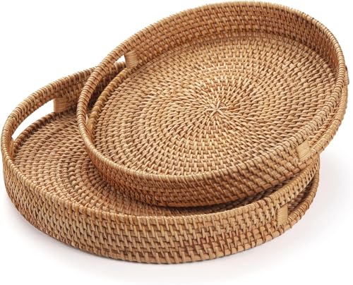2 Pack Round Rattan Tray, Hand Woven Serving Tray with Handles, Wicker Serving Basket, Decorative Tray for Home Decor, Natural (11.8 + 14 inch) - color: Natural, size: 11.8" + 14"