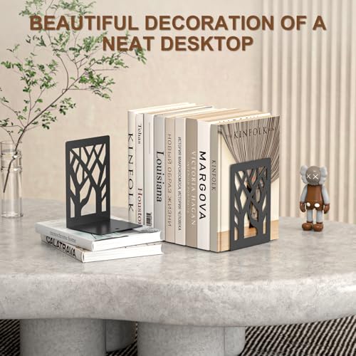 VFINE 6-Piece Modern Metal Bookends for Shelves, Black Tree Book Ends for Books, Decorative Book Organizer for Desk, Non-Skid Shelve Bookends for Home Office - style: Black bookend 3 pairs