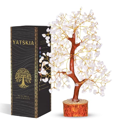 YATSKIA Clear Quartz Crystal Tree for Home Decor, Handmade Gemstone Tree for Positive Energy, Good Luck Birthday Gifts for Women - color: Clear Quartz Golden Wire