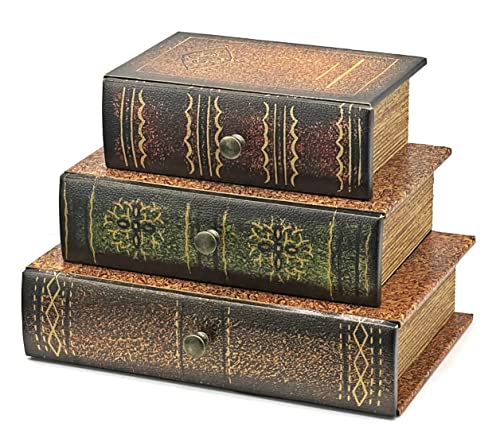 Bellaa 21093 Decorative Book Box with Drawers Hidden Storage Trinket Vintage Antique Flux Leather Wooden Boxes Organizer Retro Farmhouse Boho Home Decor 8 by 6 Inches - style: Country