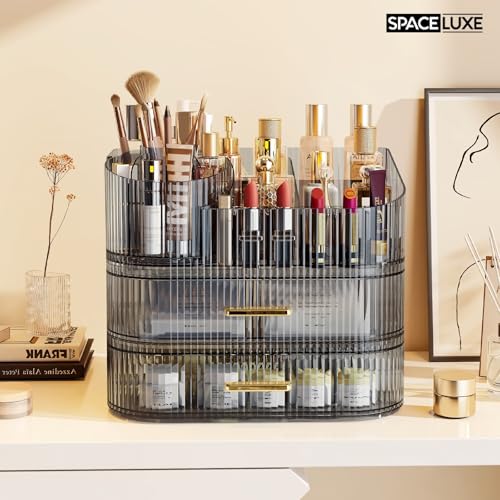 Makeup Organizer with Drawers and 360° Rotating Brush Holder, Large Capacity Cosmetic Storage for Vanity, Skincare, Perfume, Hair Accessories, Lipstick & Jewelry (Transparent Gray, 3-layer) - color: Transparent Gray, size: 3-layer